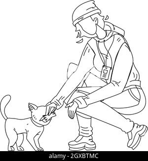 Frau Freiwilliger Futter Obdachlose Katze Vektor Illustration Stock Vektor