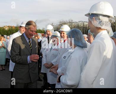 Prinz Charles, Prinz von Wales, trifft Mitarbeiter bei einem Besuch in der Matthew Walker Christmas Pudding Factory am 8. Dezember 2006 in Heanor, England. Ashover war 2005 das Calor Village des Jahres. Stockfoto