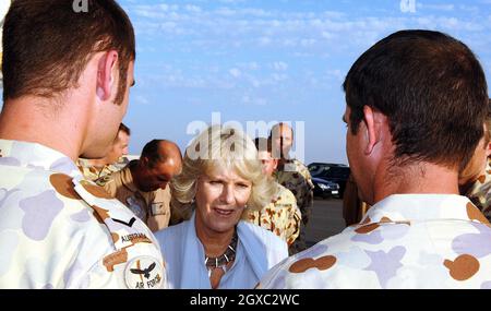 Camilla, Herzogin von Cornwall, trifft auf eine Abteilung der RAF Tornado-Besatzung und der australischen RAAF-Besatzung, als sie am 22. Februar 2007 den US-Luftwaffenstützpunkt Al Udeid vor Doha in Katar besucht. Stockfoto