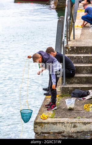 Zwei kleine Jungen, die in einem Hafen von Cornwall Krabben angeln. Stockfoto