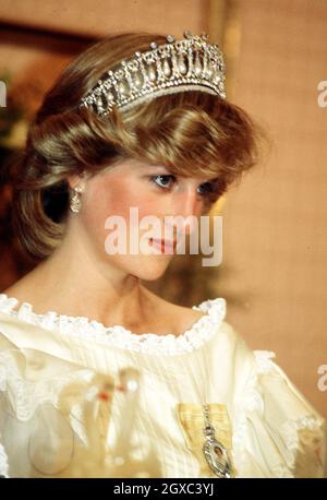 Diana, Prinzessin von Wales, trägt Tiara in Neuseeland im April 1983. Stockfoto
