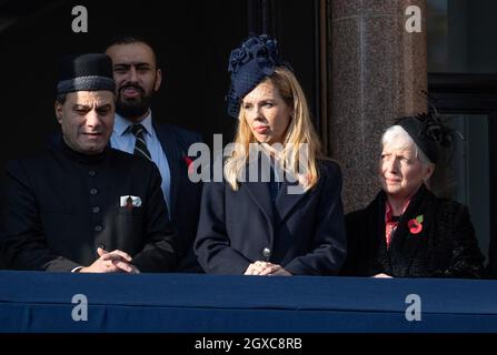 Carrie Symonds, Partnerin des britischen Premierministers Boris Johnson, nimmt am 10. November 2019 an der jährlichen Gedenkfeier zum Gedenktag am Sonntag im Cenotaph in London Teil. Stockfoto