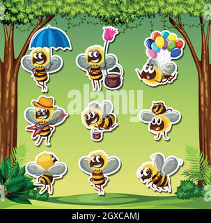 Biene Charakter Aufkleber Natur Hintergrund Stock Vektor