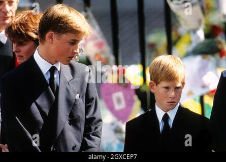 Prinz William (l.) wirft einen sympathischen Blick auf seinen jüngeren Bruder Prinz Harry während der Beerdigung von Prinzessin Diana Stockfoto