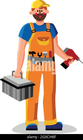 Reparatur Man Holding Drill Und Instrument Box Vektor Stock Vektor