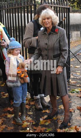 Camilla, Herzogin von Cornwall streichelt während eines Wohltätigkeitshundes im Londoner Green Park einen Spielzeughund eines Kindes. Der Spaziergang fand statt, um Geld für das Kathmandu Arts Center and Animal Treatment Center zu sammeln, und die Herzogin sah sich auch eine Sammlung nepalesischer Kunst in der Ausstellung „Offene Türen“ an. Stockfoto