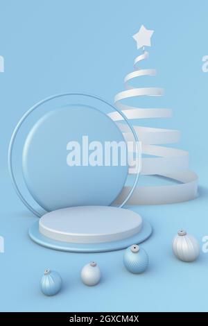 3D-Podest-Podesttreppe in Pastellblau mit Weihnachtsbaum und Kugeln für die Markenwerbung. Kreative minimale festliche Hintergrund für Werbung presentati Stockfoto
