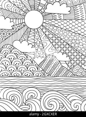 Abstrakte komplizierte Linie Kunst des Sonnenaufgangs am Strand für Hintergrund, Malbuch, Malseite mit der Größe 8,5x11. Vektorgrafik. Stock Vektor