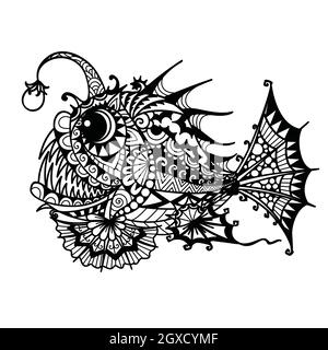 Mandala Anglerfish für Malbuch, Druck auf Produkt, Laserschneiden, eangraving und so weiter. Vektorgrafik. Stock Vektor