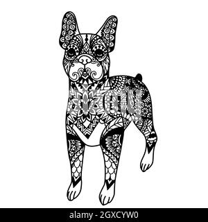 Mandala Boston Terrier Hund zum Drucken, Gravur, Laserschnitt, Malbuch und so weiter. Vektorgrafik Stock Vektor