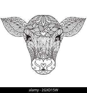 Kalb oder Kuh Kopf Mandala für Erwachsene Malbuch, Malvorlagen, Druck auf Produkt, Laser geschnitten, Papier geschnitten und so weiter. Vektorgrafik. Stock Vektor