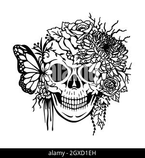 Totenkopf mit Chrysantheme, Rosen, Blatt und Schmetterling zum Drucken, Gravur, Färbung und so weiter. Vektorgrafik Stock Vektor