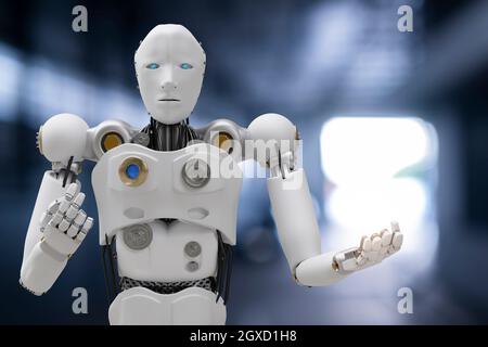 Roboter Cyber Zukunft futuristische humanoide Auto, Automobil, Automobil-Auto Check fix in Garage Industrie Inspektion Inspektor Versicherung Wartung Mecha Stockfoto