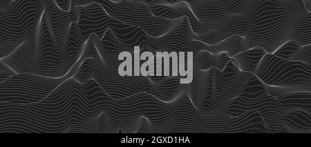 Abstrakter Hintergrund mit verzerrten Linienformen auf schwarzem Hintergrund. Monochrome Schalllinienkurven. Stock Vektor