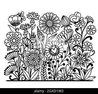 Wiederholbare Blumen Linie, schwarze Silhouette von Blumengarten auf weißem Hintergrund. Vektorgrafik. Stock Vektor