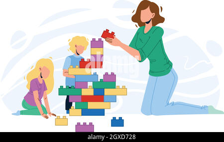 Frau Babysitting Und Spielen Mit Kindern Vektor Stock Vektor