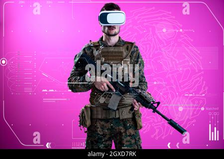 Modern Warfare futuristische Soldat mit Vr virtual reality Brillen mit neuronalen Netzes Punkte und Linien im Hintergrund als künstliche intelienc Stockfoto