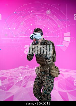 Modern Warfare futuristische Soldat mit Vr virtual reality Brillen mit neuronalen Netzes Punkte und Linien im Hintergrund als künstliche intelienc Stockfoto