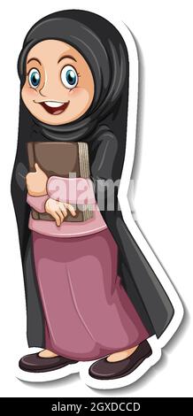 Eine Sticker-Vorlage mit muslimischer Frau Cartoon Figur Illustration Stock Vektor