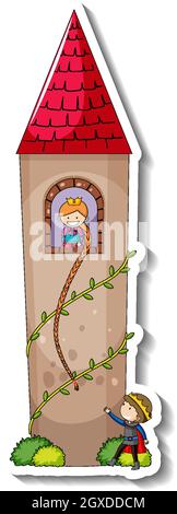 Stickervorlage mit Rapunzel im Burgturm isolierte Illustration Stock Vektor