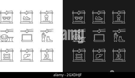 Lineare Symbole für die additive Fertigung sind für den Dunkel- und Lichtmodus eingestellt Stock Vektor