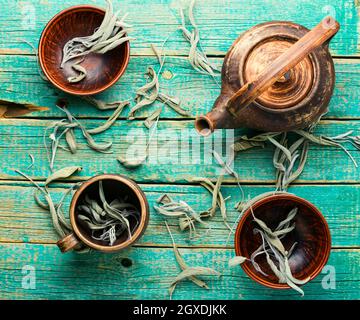 Kräutersalbei-Tee.trockenes Salbeiblatt.Kräutermedizin und Heilpflanzen. Stockfoto