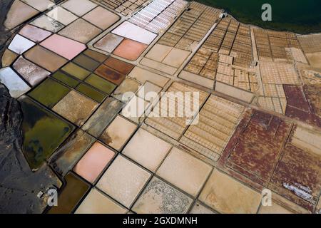 Drohnenansicht von Salinas de Janubio in Reihen am sonnigen Tag in Yaiza Lanzarote Kanarische Inseln Spanien Stockfoto