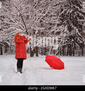 Lächelnde Frau genießt fallenden Schnee, Winterwald mit gefrorenen Bäumen Stockfoto