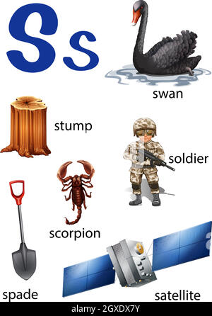 Dinge, die mit dem Buchstaben S beginnen Stock Vektor