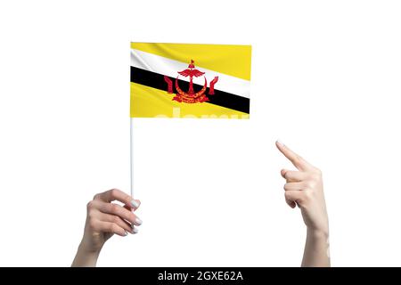 Eine schöne weibliche Hand hält eine Brunei-Fahne, auf der sie den Finger ihrer anderen Hand zeigt, isoliert auf weißem Hintergrund. Stockfoto