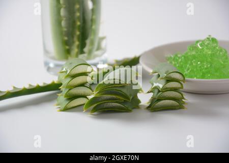 Aloe Vera Blätter geschnitten auf weißem Hintergrund. Hoher Nutzen als Kraut mit medizinischen Eigenschaften Stockfoto