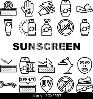 Symbole für Sonnenschutzmittel-Kollektion, isolierte Illustration Stock Vektor