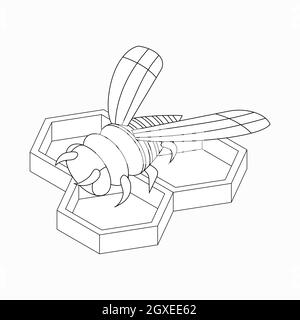 Biene sitzt auf Honigzellen-Symbol in isometrischem 3d-Stil isoliert auf weißem Hintergrund Stockfoto