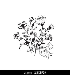 Hand Zeichnung schwarz weißen Strauß von Blumen isoliert auf weißem Hintergrund. Moderne Vektorgrafik. Stock Vektor