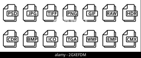 Symbol für Bilddateiformate. Satz von Zeilensymbolen verschiedener Bildformate. Bilddateisymbole. Vektorgrafik. Stock Vektor