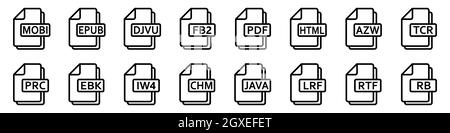 Symbole für das Dateiformat von E-Books. Verschiedene E-Book-Formate von Dateien. Satz linearer Symbole. Vektorgrafik. Stock Vektor