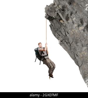 Explorer erschreckt von der Höhe Skala den Berg Stockfoto