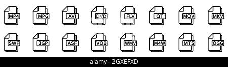 Videodateiformate. Satz von linearen Symbolen verschiedener Videoformate. Symbole für Videodateien. Vektorgrafik. Stock Vektor