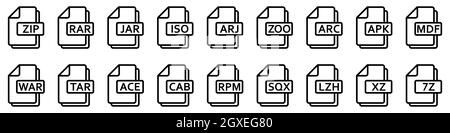 Symbol für Archivdatei. Verschiedene Formate von Archivdateien. Satz linearer Symbole. Vektorgrafik. Stock Vektor