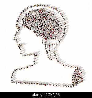 Konzept oder konzeptuelle große Versammlung von Menschen, die ein Bild eines menschlichen Gehirns auf weißem Hintergrund bilden. Eine 3d-Illustration Metapher für die Wissenschaft Stockfoto