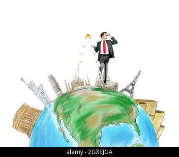 Geschäftsmann entdeckt neue Reiseziele in der Welt Stockfoto