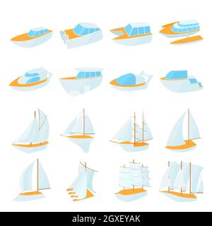 Yacht-Symbole im Cartoon-Stil isoliert auf weißem Hintergrund gesetzt Stockfoto