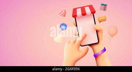 Hand halten Handy mit Shop App. Online-Shopping-Konzept. Vektorgrafik Stock Vektor