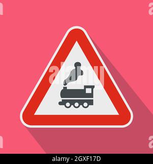 Warnschild Bahnübergang ohne Barriere Symbol in flachem Stil auf einem rosa Hintergrund Stockfoto
