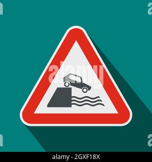 Verkehrssymbol am Flussufer in flachem Stil auf blauem Hintergrund Stockfoto