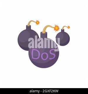 DOS und Bomben mit schwelender Docht-Ikone im Cartoon-Stil auf weißem Hintergrund Stockfoto