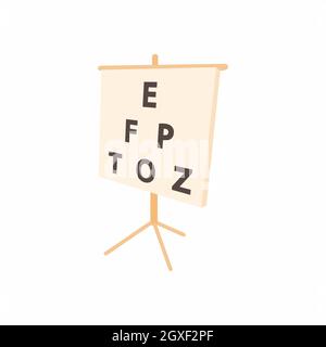 Weißes Plakat mit Buchstaben Augenlicht-Test-Symbol in Cartoon-Stil auf weißem Hintergrund Stockfoto