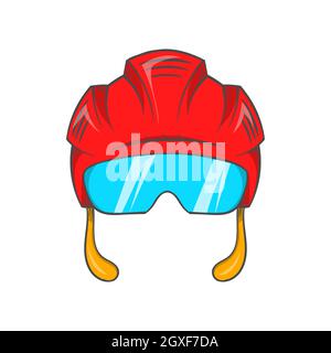 Roter Hockeyhelm mit Glasvisier-Ikone im Cartoon-Stil auf weißem Hintergrund Stockfoto