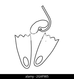 Flossen und Maske für Tauchikone im Umriss-Stil isoliert auf weißem Hintergrund. Symbol „Schwimmen“ Stockfoto