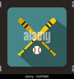 Baseballschläger und Ball-Ikone in flachem Stil mit langem Schatten. Sportsymbol Stockfoto